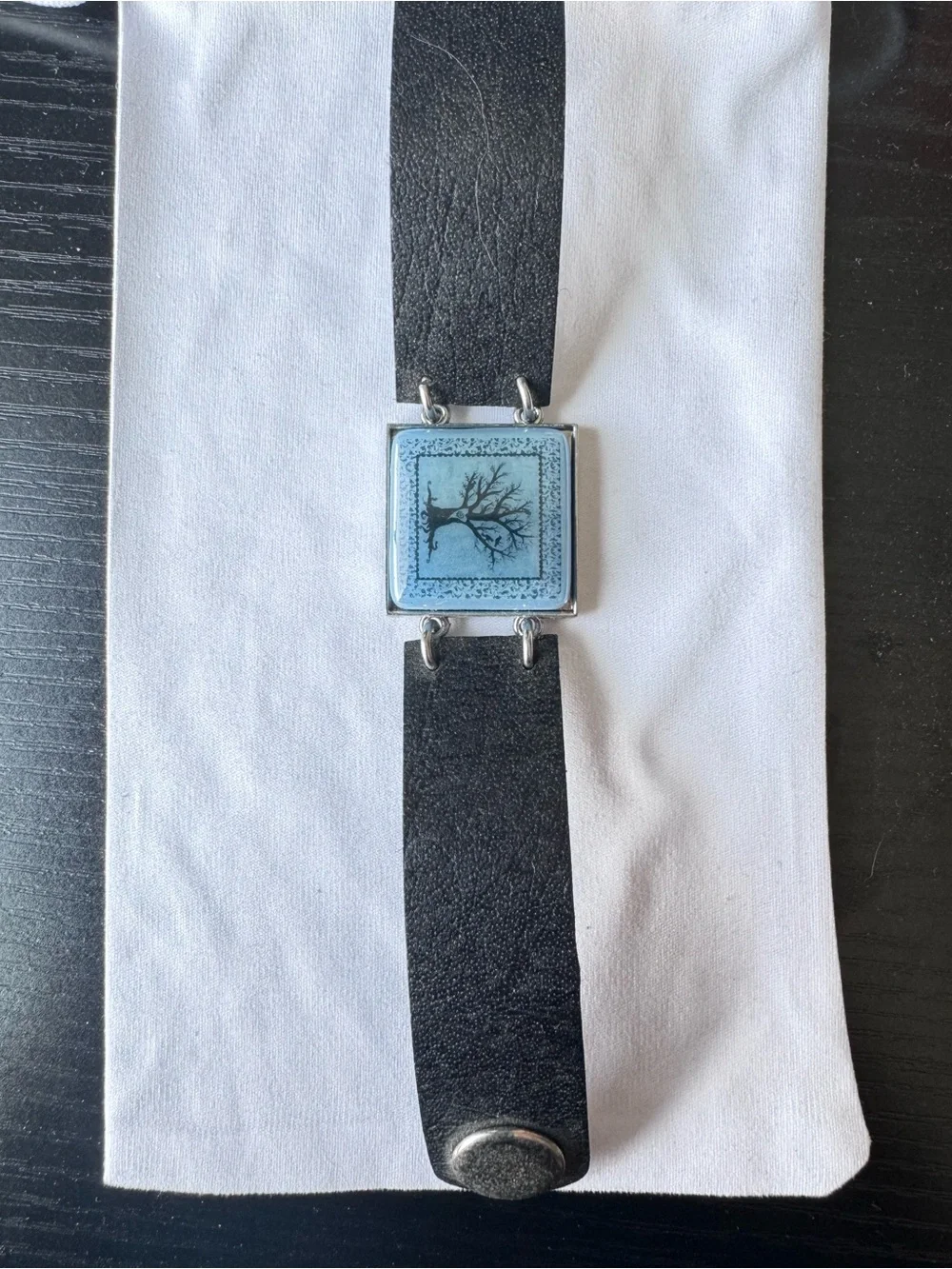 Leather Wristband Bracelet with Blue Tree Tile Accent